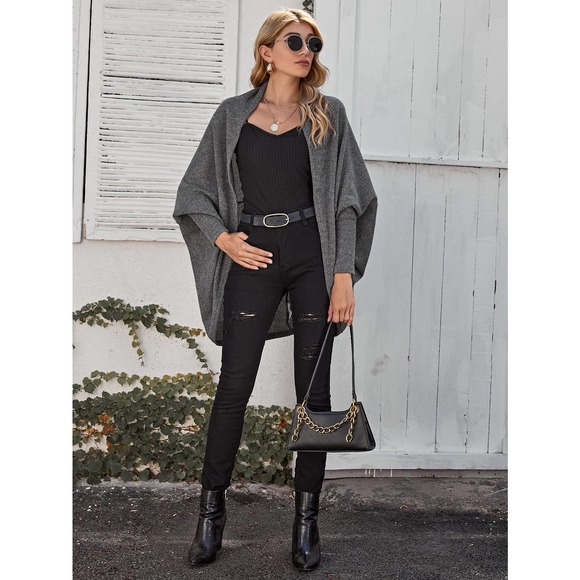 Open Front Dolman Sleeve soft knit cardigan oversized charcoal dark gray - Picture 3 of 5